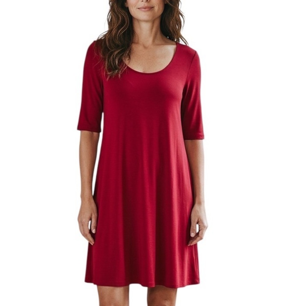 Eileen Fisher Magenta Jersey Knit Elbow Sleeve Tunic Top SZM Minimalist Capsule